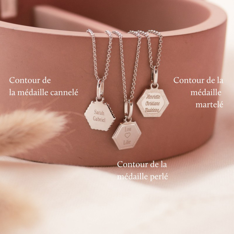 Médaille hexagonale plaqué or rose à graver - Mon Petit Poids