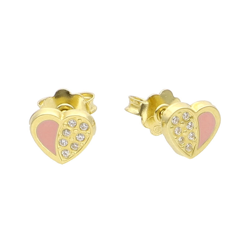 Boucles d'oreilles enfant cœur - or jaune 18K - brillants et laque rose