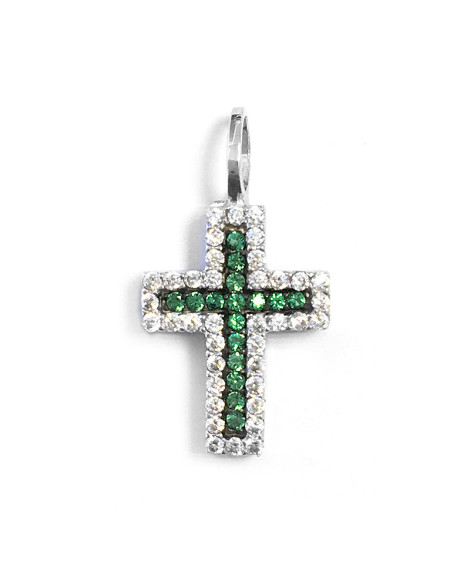 Pendentif croix émeraudes diamants sur or blanc 9K